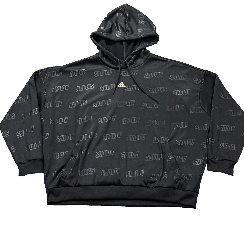 Adidas Hoodie Womens XL Black Plus Size Fleece Pullover Allover Logo Graphic